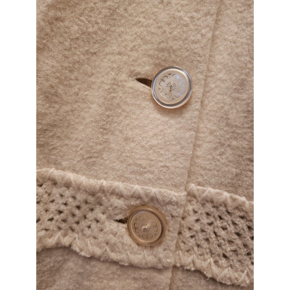 Classiques Entier Jacket M Crochet Button Up 100% Wool Beige Long Holiday Coat - Picture 4 of 10